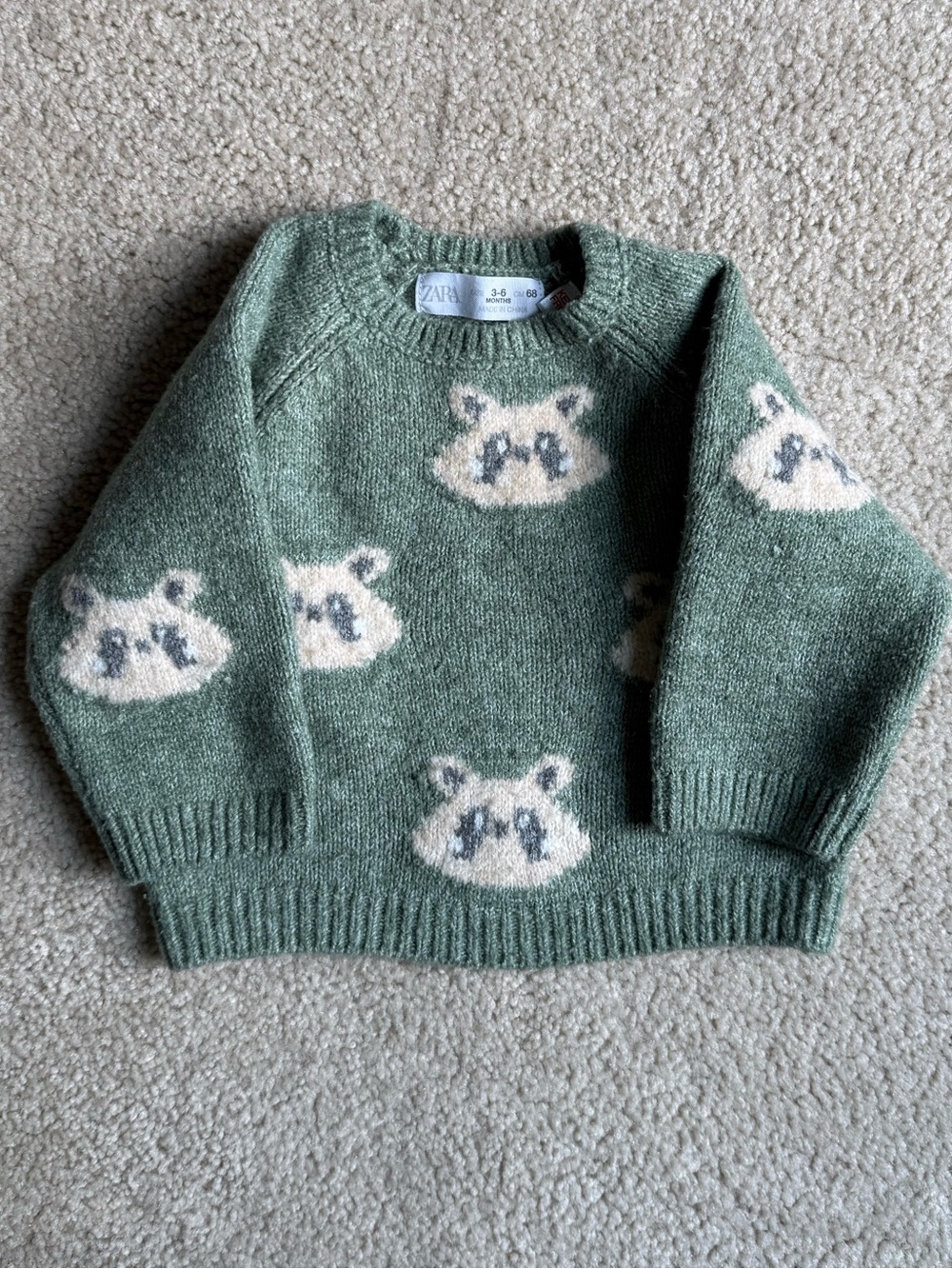 Zara Kids Panda Knit Sweater 3-6 Months Sage Green